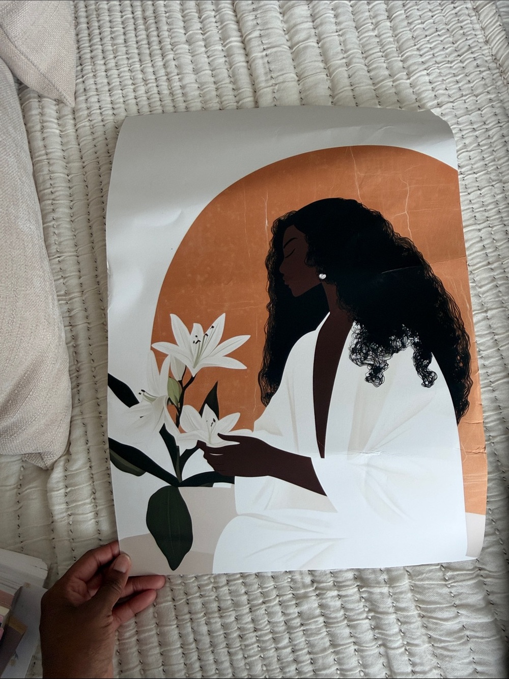 Elegant Dark-Skinned Woman Art Print with White Lilies - Terracotta & White